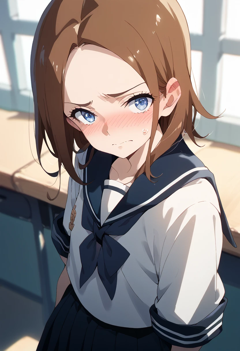 masterpiece, high definition , best quality,8k
( Mr. Takagi who is good at teasing,Twelve year old girl)
(Brown Hair, blue eyes, is short,straight hair)( school sailor suit with a close back ) embarrassed ,Embarrassed