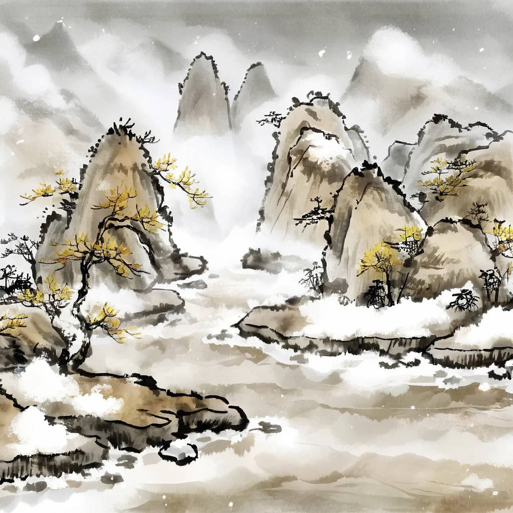 surrealist art Chinese painting,Ink Painting，ink wash painting，ink water， Scenery of the Yellow River waterfall in China ，Midwinter ，The Yellow River flows through mountains ，Ice cubes，close up， the surface is frozen by heavy snow ，有大的Ice cubes漂浮，Snowy fields， Some places on both sides of the river are covered with snow ， Some places are covered with mud ， Large areas of brown grass covered with thick ice and snow， Surrounding environment is characterized by alpine peaks 。 traditional Chinese brushwork ， official art ，（ Large areas of white ，One-third composition ：1：3），羊皮纸水彩Ink Painting，Minimalism，Beige gray ，Rice paper texture， Very high resolution details, Extremely Realistic ,Fine texture, Incredibly realistic 