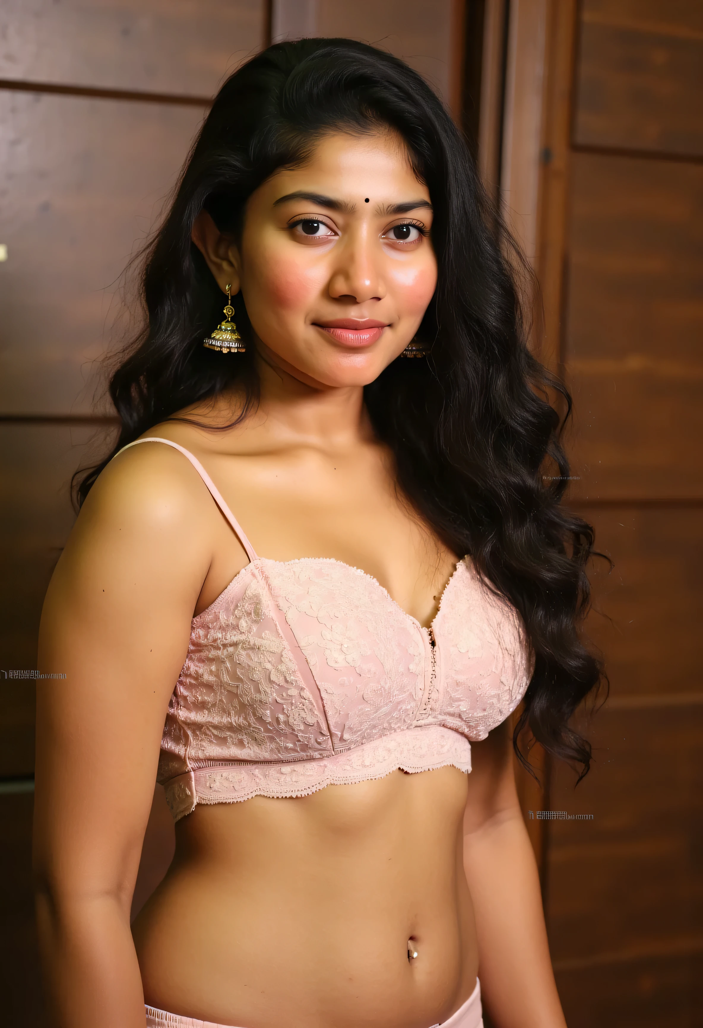 A Thick Busty Curvy pakistani girl wear bra , looking_at_viewer, smile,realistic, necklace, earrings, cleavage_cutout, gym ,full portrait of girl, dumbell in hand , navel , legs