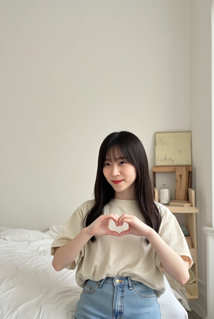 A smiling woman is posing alone wearing a camisole, making a firm big heart shape with both hands, and holding it in front of her chest, View above collarbone、The background is a monotone 、
