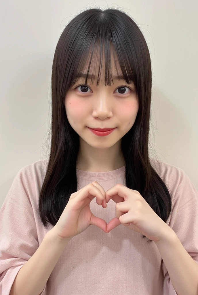 A smiling woman is posing alone wearing a camisole, making a firm big heart shape with both hands, and holding it in front of her chest, View above collarbone、The background is a monotone 、
