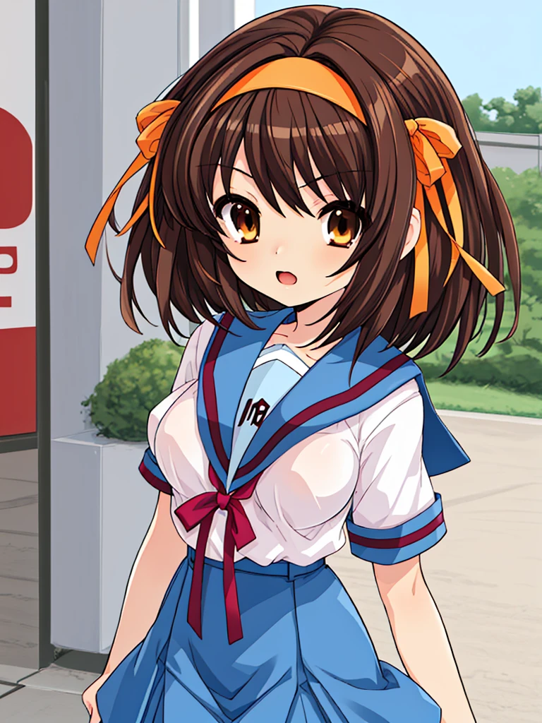 haruhisuzumiya, brown eyes, brown hair, medium hair, hair ribbon, hairband, kita high school uniform, serafuku, sailor collar, white shirt, short sleeves, skirt, haruhi, medium breast