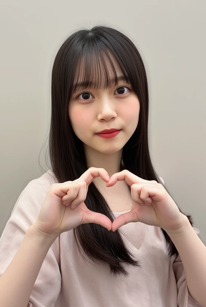 A smiling woman is posing alone wearing a camisole, making a firm big heart shape with both hands, and holding it in front of her chest, View above collarbone、The background is a monotone 、
