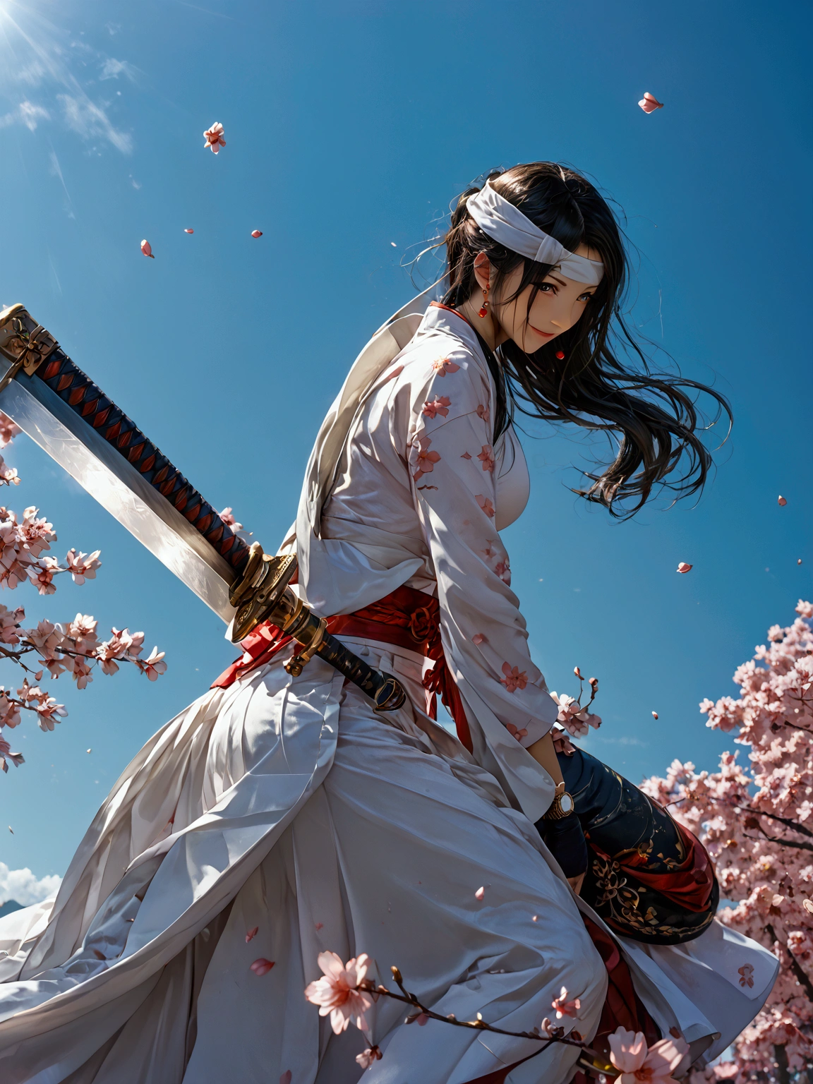 1 Japanese female,Old Japanese Female Warrior 、Female warlord、Warrior Princess、War Goddess、古い日本の鎧、(((Clothing)))、 black hair、 short hair、White headband、smile、 holding a Japanese sword、fight、(((blue sky)))、(((cherry blossoms)))、((( Japan's Warring States Period)))、「 best quality、masterpiece、  illustration without a face 、 Very Delicate and Beautiful 、 very detailed、CG、8k wallpaper、 amazing、 details、masterpiece、最高の究極の芸術 very detailed CG Unity 8k wallpaper」、Big Breasts、((( watch viewers)))