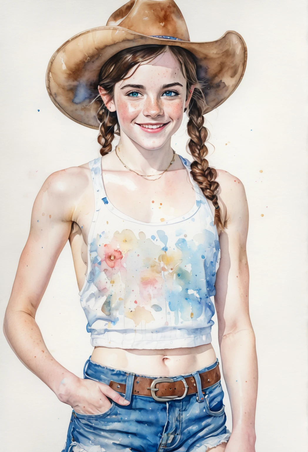 a watercolor painting of a ((pale skin)), defined muscles, six-pack abs, freckled, brunette teenager resembling Emma Watson, with blue eyes, blushing cheeks, pigtails, cowboy hat, naked, smiling, in the style of Norman Rockwell