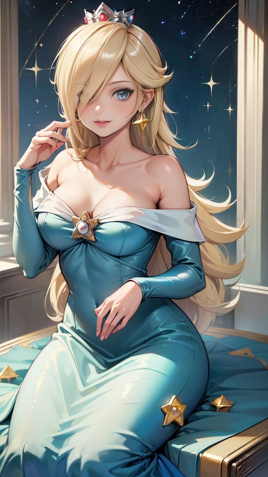 ((((masterpiece, best quality ,Ultra delicate, 16k,high resolution,solo)))),princesa rosalina, blue dress, big breasts, adult body, starry sky, semblante angelical
,smile