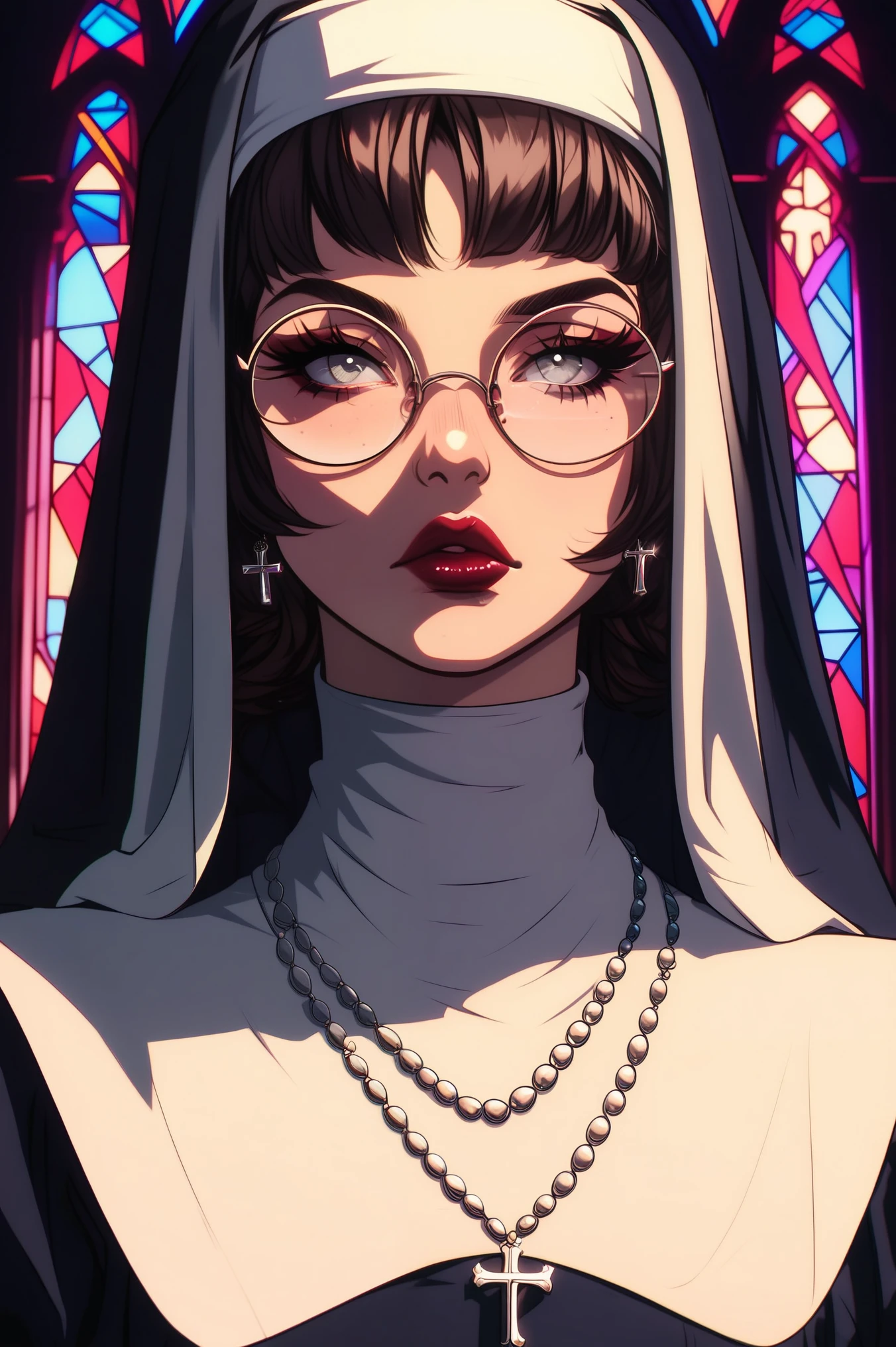 score_9, score_8_up, score_7_up, score_6_up, score_5_up, score_4_up. by GLSHS, highly detailed, 4k. BREAK 1girl, nun outfit, red lips, cross necklace, grey eyes, multicolor black and brown hair, round glasses, serious expression, glossy lips, super realistic details, physically accurate, high attention to detail. accurate, high attention to detail. 