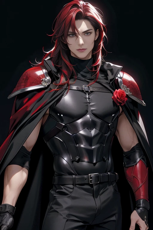 full HD, 4K, better quality, ((1 Adult man, 40 years))), male with RED long hair, grey eyes, (black turtleneck, black trousers), Black background, Large assembly, Pumped up body, good anatomy, (super detailed face), (Detailed eyes, Even the eyes), soft look, soft expression, Dynamic pose in a black cloak, military, glowing light, ( red roses at the background ), look to the side, medival style, (Shoulder armor,chest armor,black cloak), knight of beauty, scarlet hair