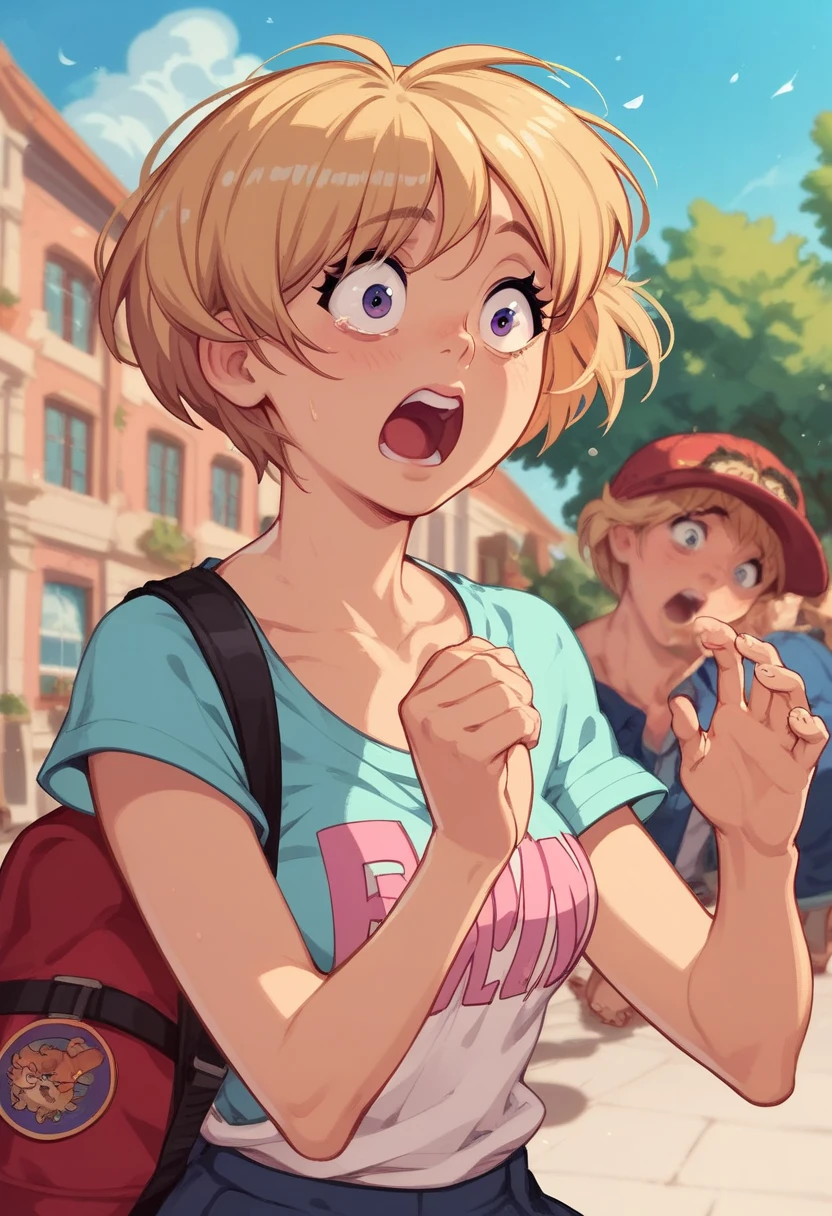 Innocent girl short hair, blonde, Surprised,  scared , escaping