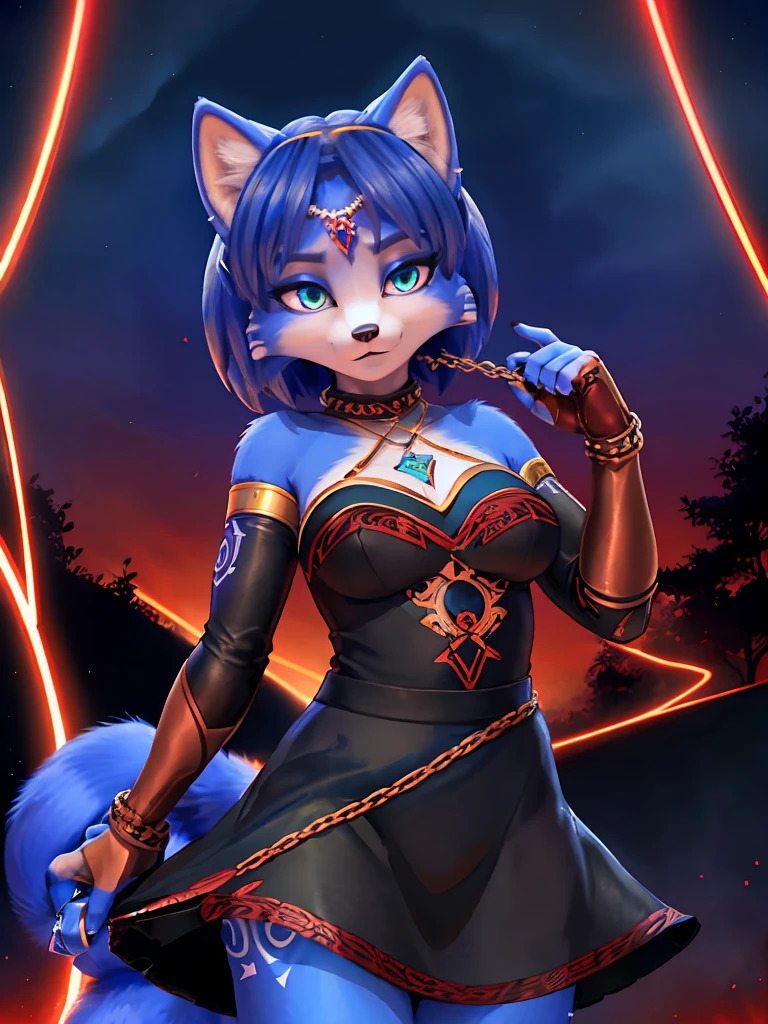 A beautiful and detailed (sweet portrait) wa ((krystal)), Star Fox krystal, sslim, green eyes, medium breasts, (((Long blue hair 1.3))), Decollete, look up, anthro, furry, Uploaded E621, detailed fluffy fur, (wa Fluff-Kevlar, Bayard Wu, personalize me, Pino Daeni), detailed face, (fluffy), 1 girl, alone, Sweet young girl, long blonde hair with black highlights, black eyeliner, black mascara), wear sexy gothic clothes, hochper body shot, winks, Grinning