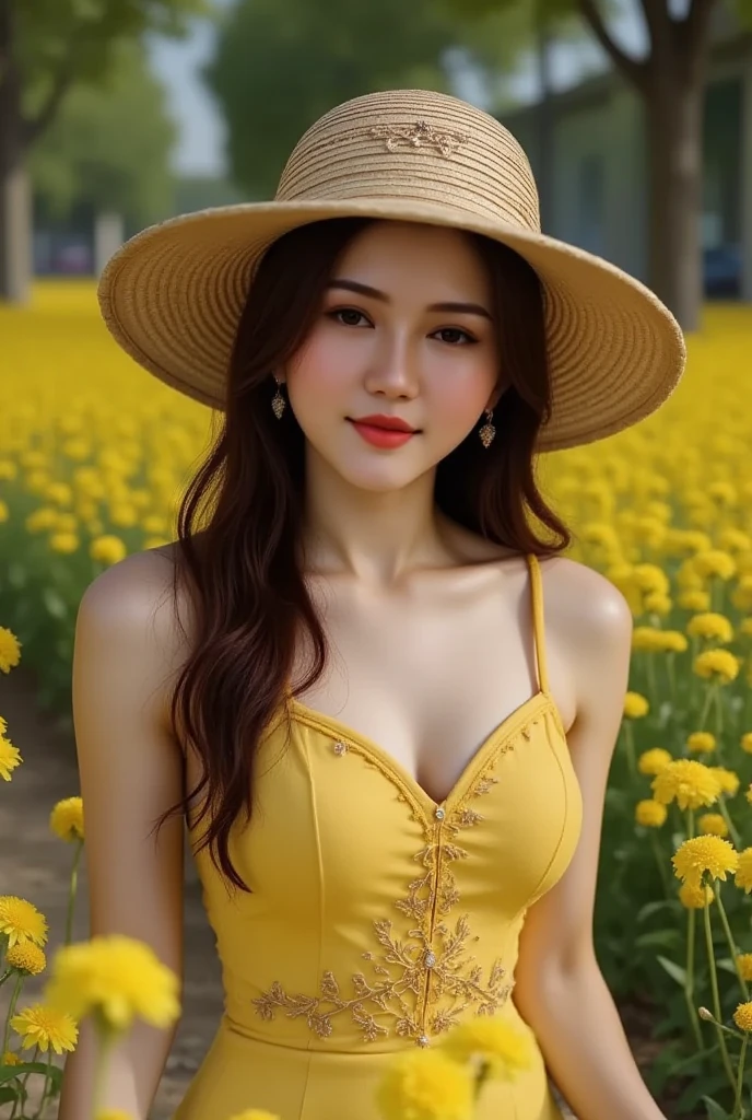 Mockup, Lisamy in Vietnamese ao dai and Vietnamese hat, perfect body, perfect face