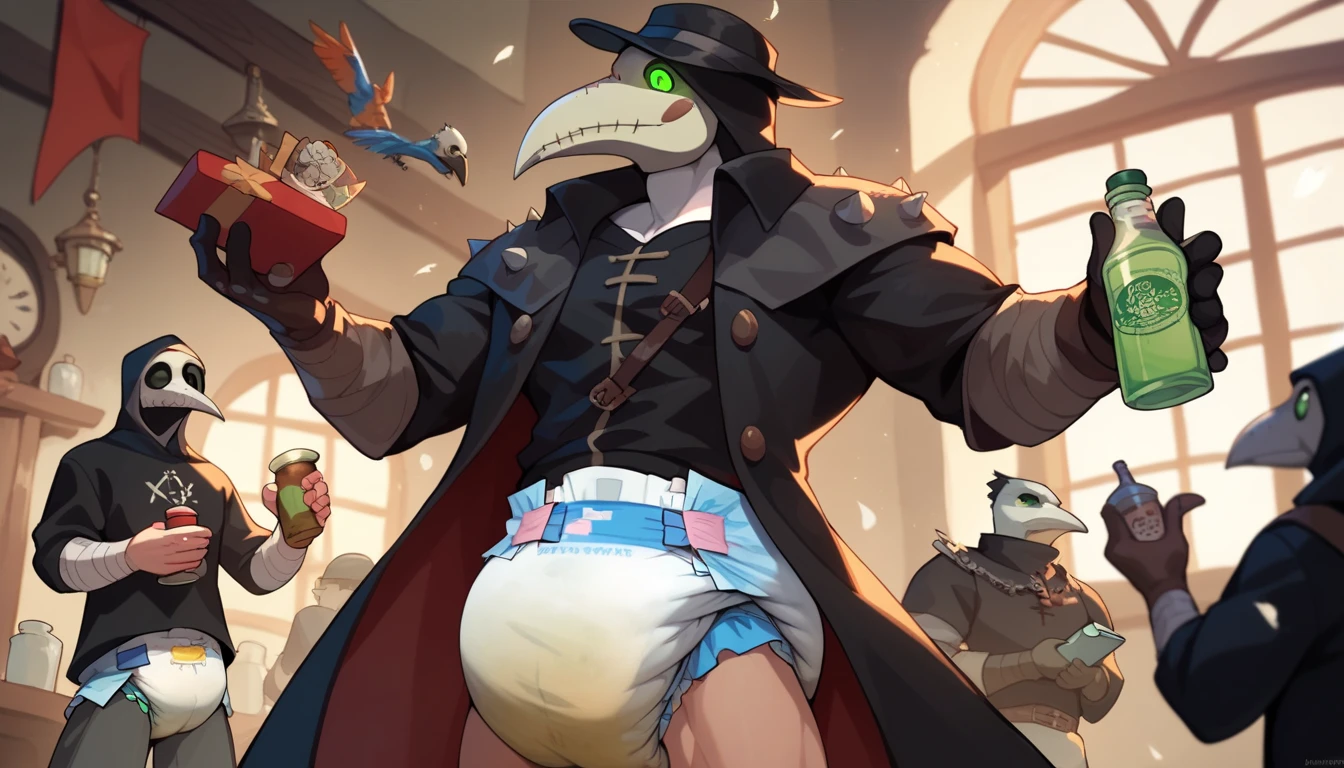 1 person、(((Male plague doctor wearing a dirty baby diaper))), middle aged, muscle, masterpiece, Best Quality, Medieval Country Town, faceless, bird mask, Black cloak, Holding a medicine bottle, Medicine box, Green Eyes, anime style, changing diapers