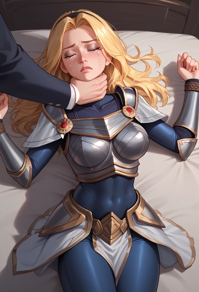 score_9, score_8_up, score_7_up, score_6_up, score_5_up, score_4_up, LuxLoLXL, blue eyes, blonde hair, long hair, black hairband, medium breasts, collarbone, shoulder armor, armor, blue bodysuit, breastplate, long sleeves, faulds, skirt, blue pants, armored boots, ((((big breasts)))), alone full body, knee high boots ,eyes closed, fainted, blows in the face,(((bruises))), ((((hands tied)))), lying down,(((tears))), (((crying))), looking to the side, head to the side,hands on head,(((Choking)))
