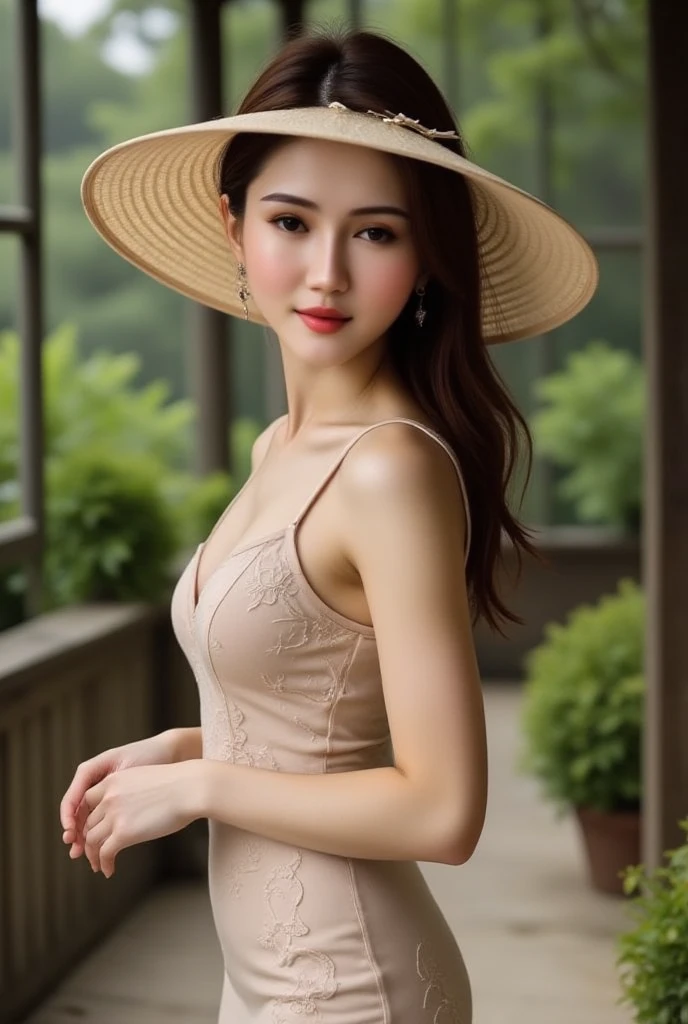 Mockup, Lisamy in Vietnamese ao dai and Vietnamese hat, perfect body, perfect face