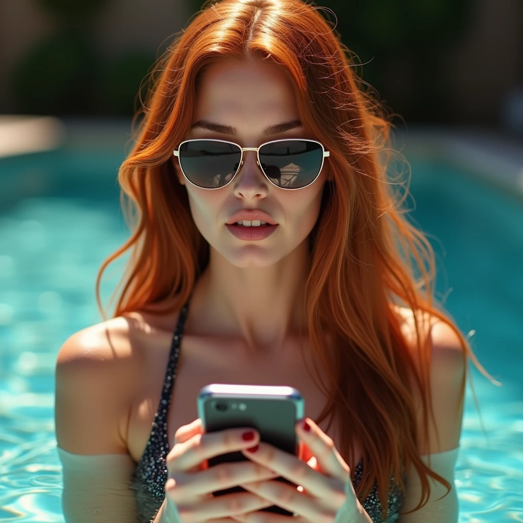 woman in ((((red swimsuit))) sitting on a chair using a cell phone, checking her phone, is wearing a red swimsuit, checking her cell phone, 40 years woman, poolside, next to a pool, sexy body and face, photo from the back, attractive woman, 40 years old women, attractive female, goddess checking her phone, perfect body and face