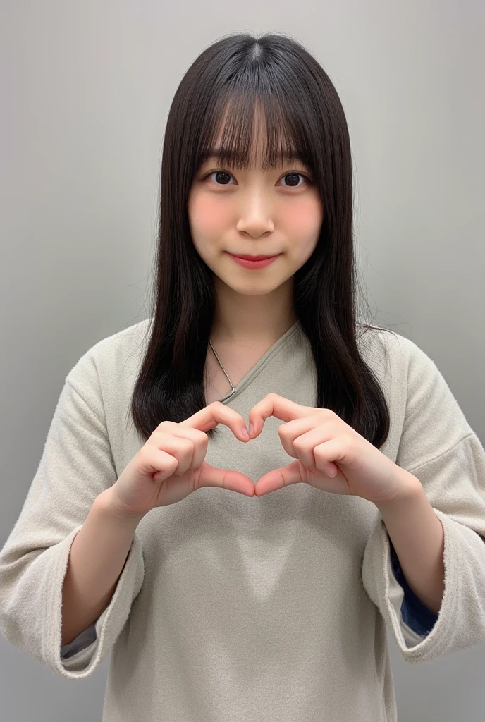 A smiling woman poses alone wearing one-shoulder pajamas, making a firm big heart shape with both hands, and holding them in front of her chest, View above collarbone、The background is a monotone 、
