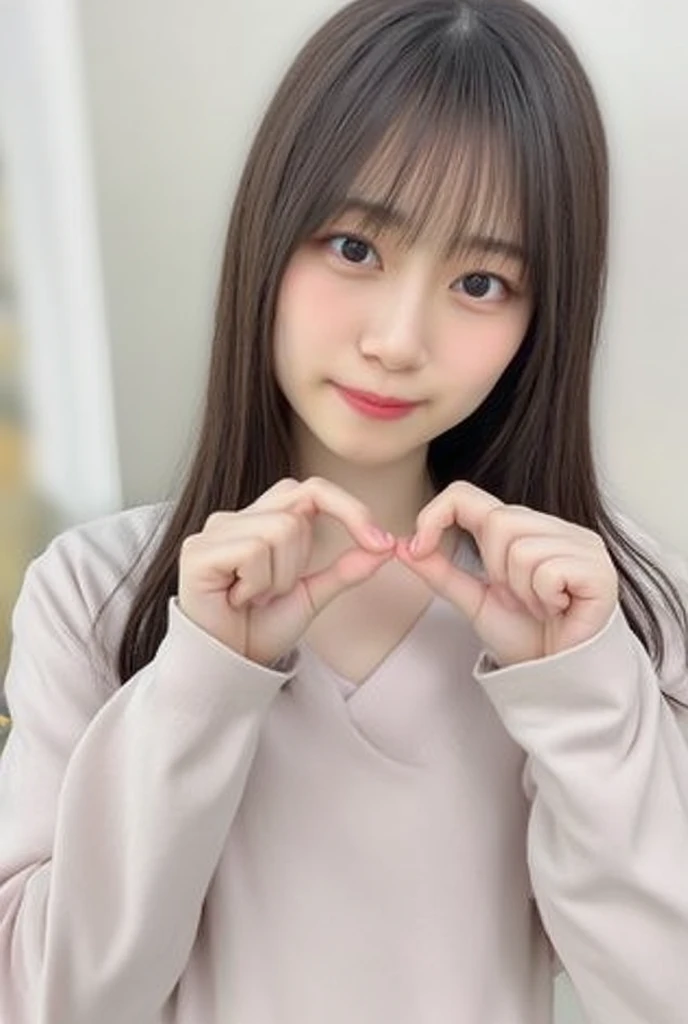 A smiling woman poses alone wearing one-shoulder pajamas, making a firm big heart shape with both hands, and holding them in front of her chest, View above collarbone、The background is a monotone 、
