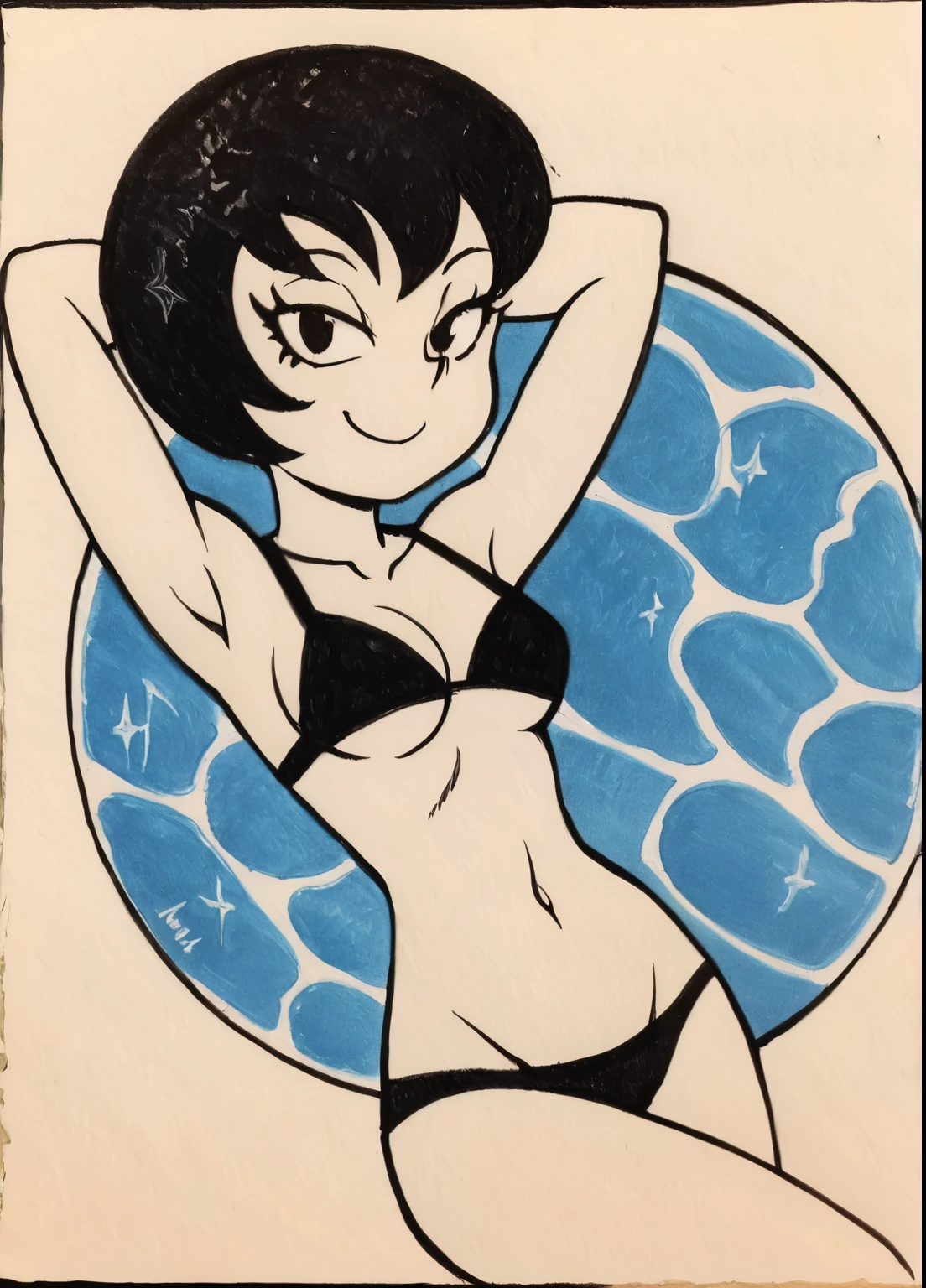 Marcy Wu, black hair, short hair, green hairclip, 1girl, outside, , looking at viewer, good anatomy, full body Clerk style, score_9, score_8 or higher, masterpiece,bikini,blush,smile,beach background,hands on hips