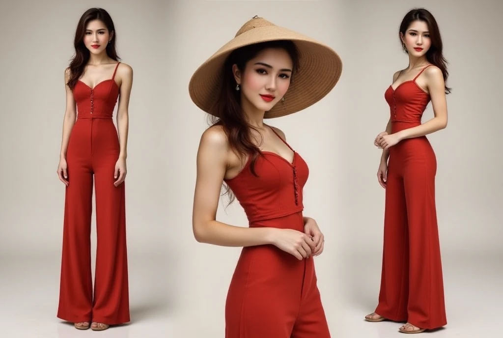 Mockup, A TOK composite photo of a person posing at different angles, Lisamy in Vietnamese ao dai and Vietnamese hat, perfect body, perfect face