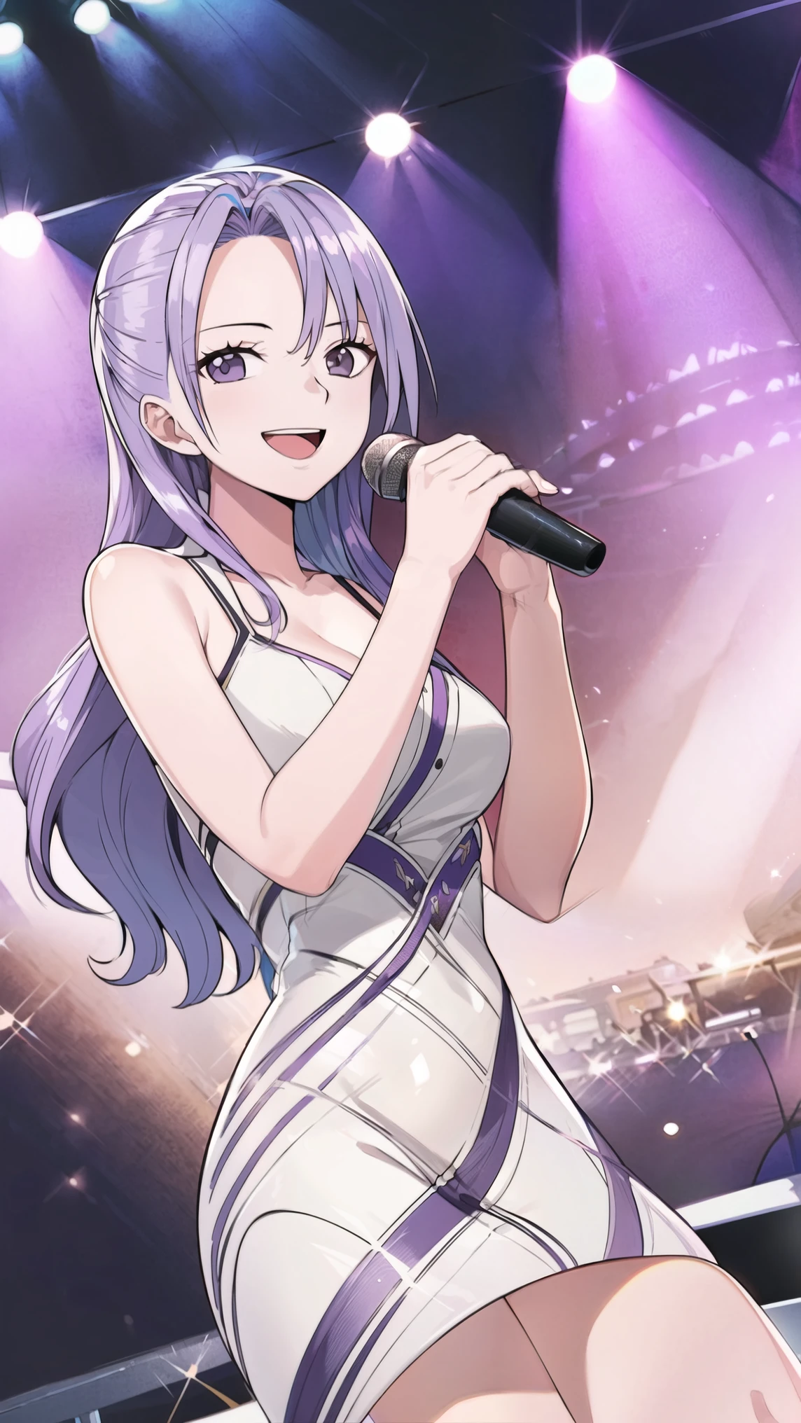 1 girl , smile , ( light purple hair), happy  ,  Grey Eyes ,((Idol)),(singer),(Concert Venues),(smile),((Singing)),(facing forward),((whole body)),( big smile), cowboy shot,
(Hold the microphone with both hands),(I'm staring at the viewer),Delicate skin,Perfect limbs,(Face forward),( long hair),( dress)Wide angle, 