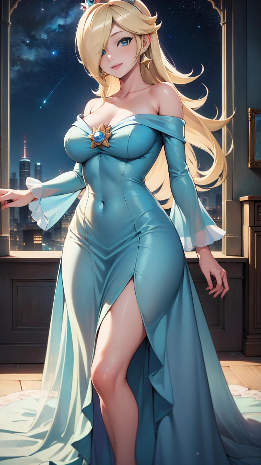 ((((masterpiece, best quality ,Ultra delicate, 16k,high resolution,solo)))),princesa rosalina, blue dress, big breasts, adult body, starry sky, semblante angelical
,smile