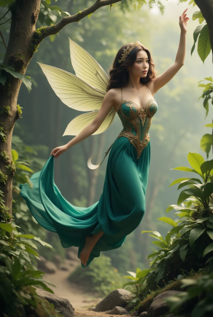 a beautiful indonesian woman becomes a fairy, flying flapping her wings. the fantasy world of the forest fairy community as background details. look at the viewer, cinematic light, realistic anime, fantasy bokeh effect