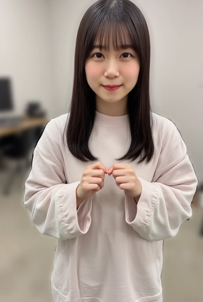 A smiling woman is posing alone wearing off-the-shoulder pajamas, making a firm big heart shape with both hands, and holding them in front of her chest, View above collarbone、The background is a monotone 、
