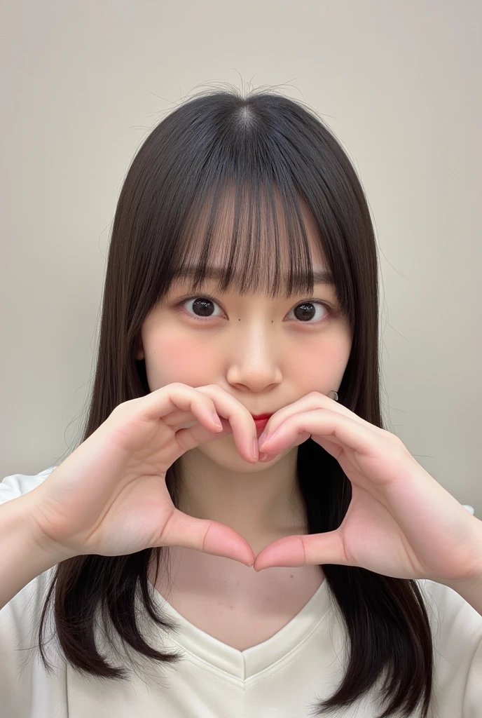 A smiling woman is posing alone wearing off-the-shoulder pajamas, making a firm big heart shape with both hands, and holding them in front of her chest, View above collarbone、The background is a monotone 、
