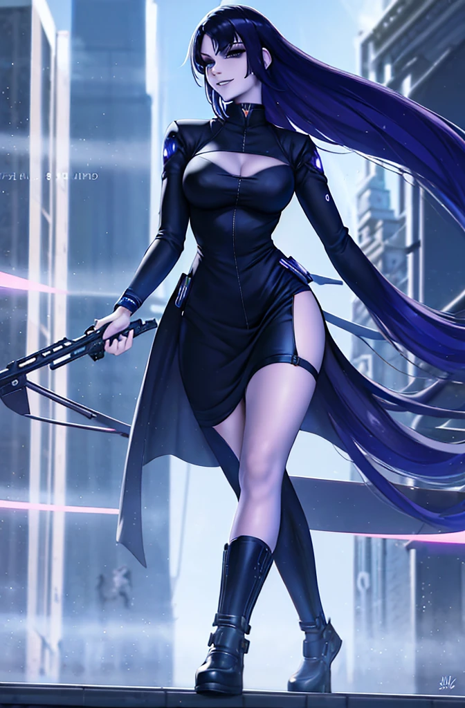 20 year old woman, long black hair with purple highlights, huge breasts, goth make up, tender smile, walking through a futuristic city, cyber sword on her side, nighttime, shooting star