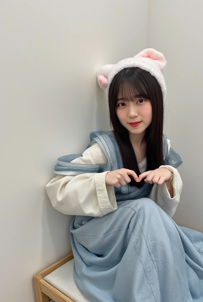 A smiling woman is posing alone wearing off-the-shoulder pajamas, making a firm big heart shape with both hands, and holding them in front of her chest, View above collarbone、The background is a monotone 、
