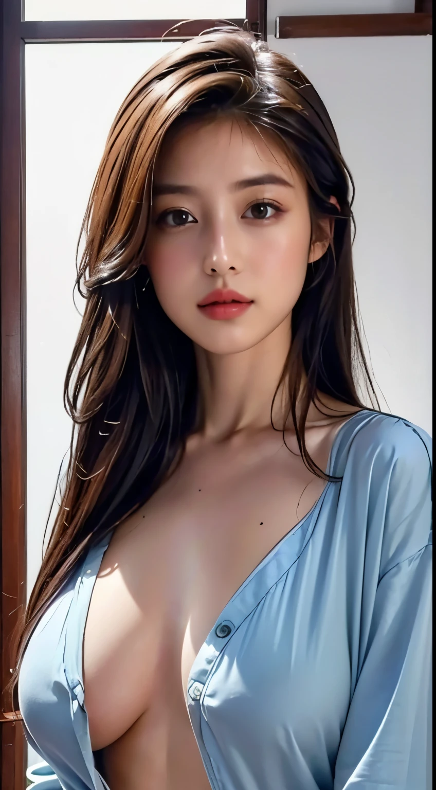 (( best quality , 8k, masterpiece:1.3)), sharp:1.2, Beautiful woman with perfect figure:1.4,  slim abs:1.2, (( layered hairstyles , Big Breasts:1.2)), ( long shirt with wet white buttons：1.1），（satin，street：1.2）， wet ：1.5， high resolution face and skin texture ， detailed eyes on board， double eyelids，Glancing sideways at the camera， open shirt ，belly button，belly buttonを露出，Cover your chest with your hands， put your hands on your chest 