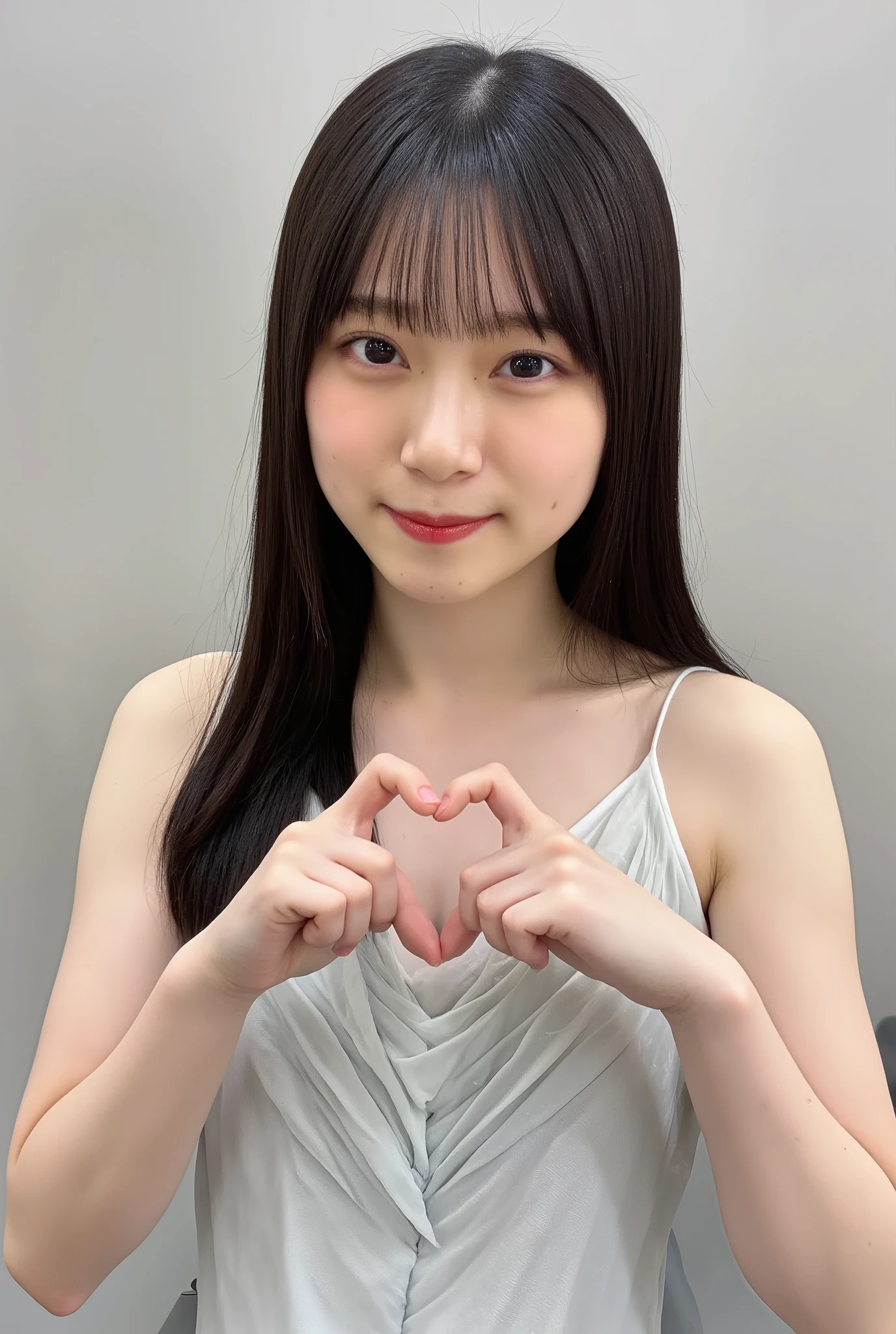 A smiling woman is posing alone wearing a camisole, making a firm big heart shape with both hands, and holding it in front of her chest, View above collarbone、The background is a monotone 、
