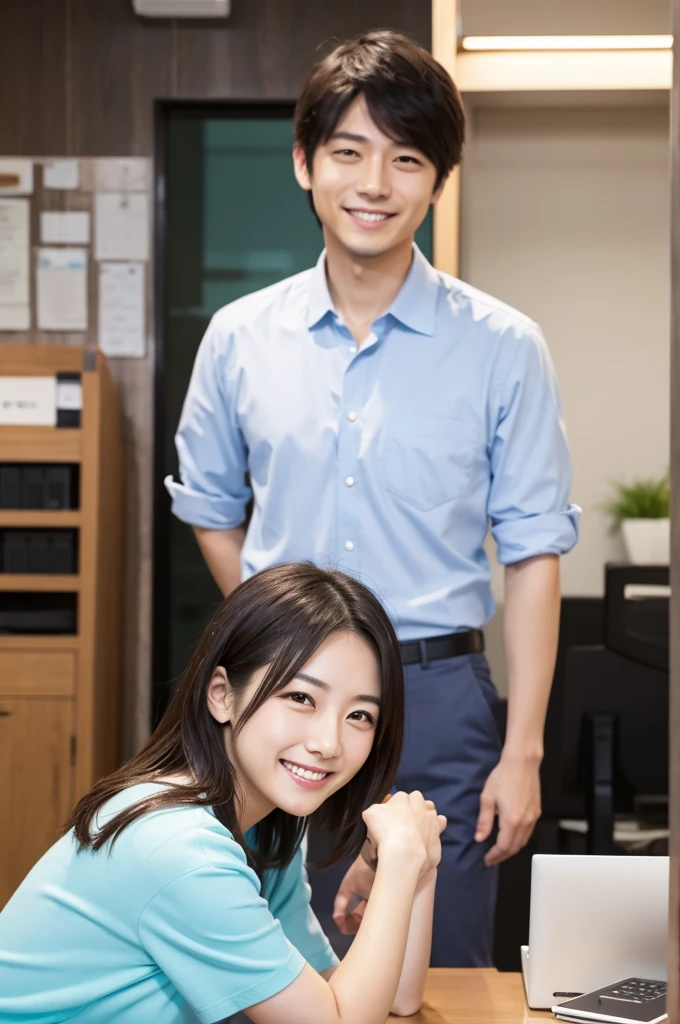 They are two people in the room, one is a woman and the other is a man, in the office, high definition, Ikuo Hirayama, Yoshitomo Nara, on the desk, Tadashi Nakayama, smiling, beautiful face,
