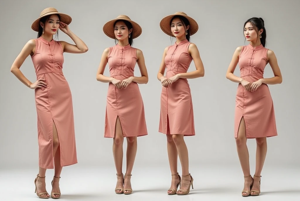 Mockup, A TOK composite photo of a person posing at different angles, Lisamy in Vietnamese ao dai and Vietnamese hat, perfect body, perfect face