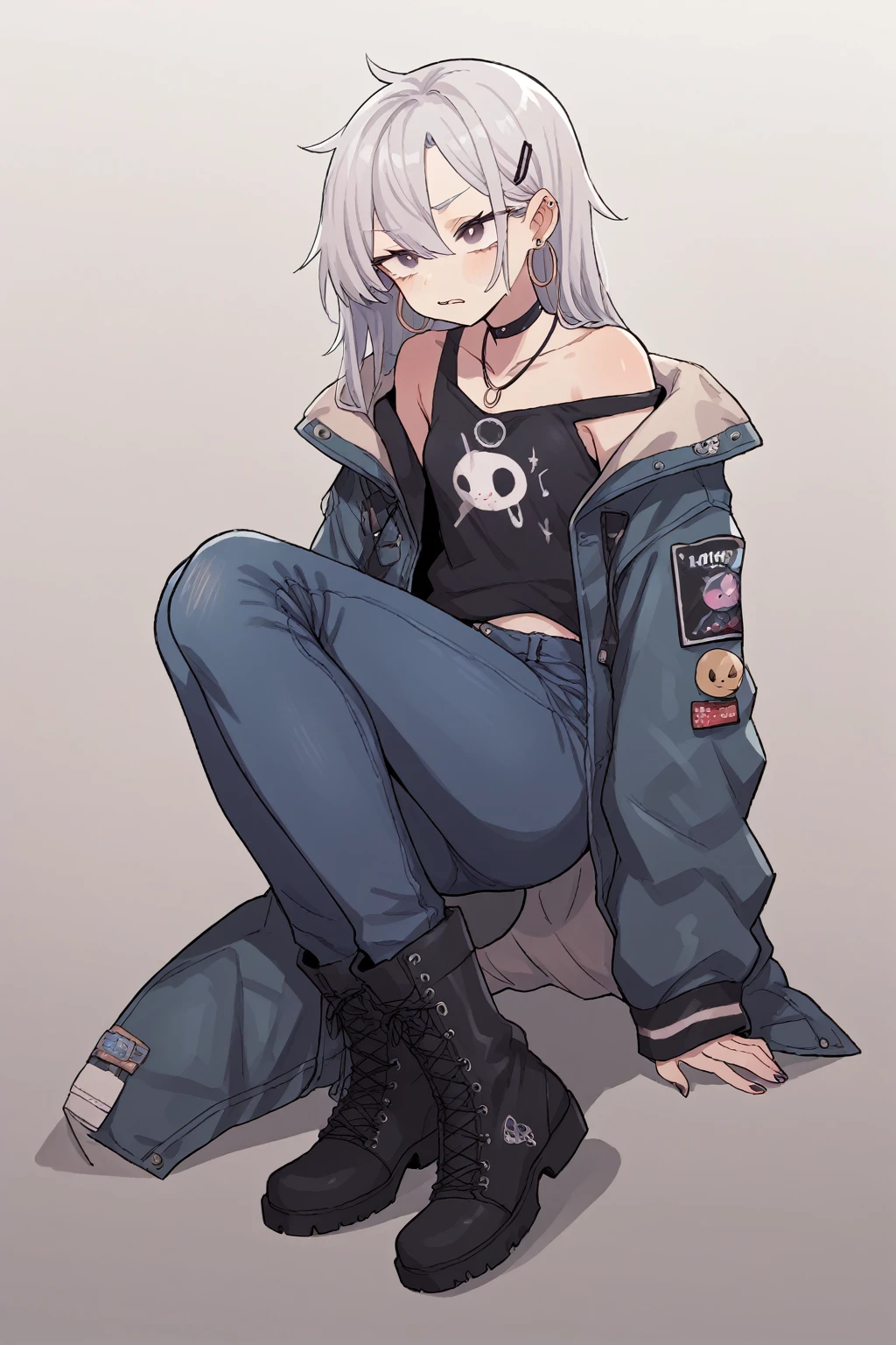 score_9, score_8_up, score_7_up, score_6_up, score_5_up, score_4_up, source_anime, BREAK, Clothing: oversized, distressed denim jacket with patches and pins, paired with black skinny jeans and combat boots, Accessories: silver hoop earrings and a black choker necklace


