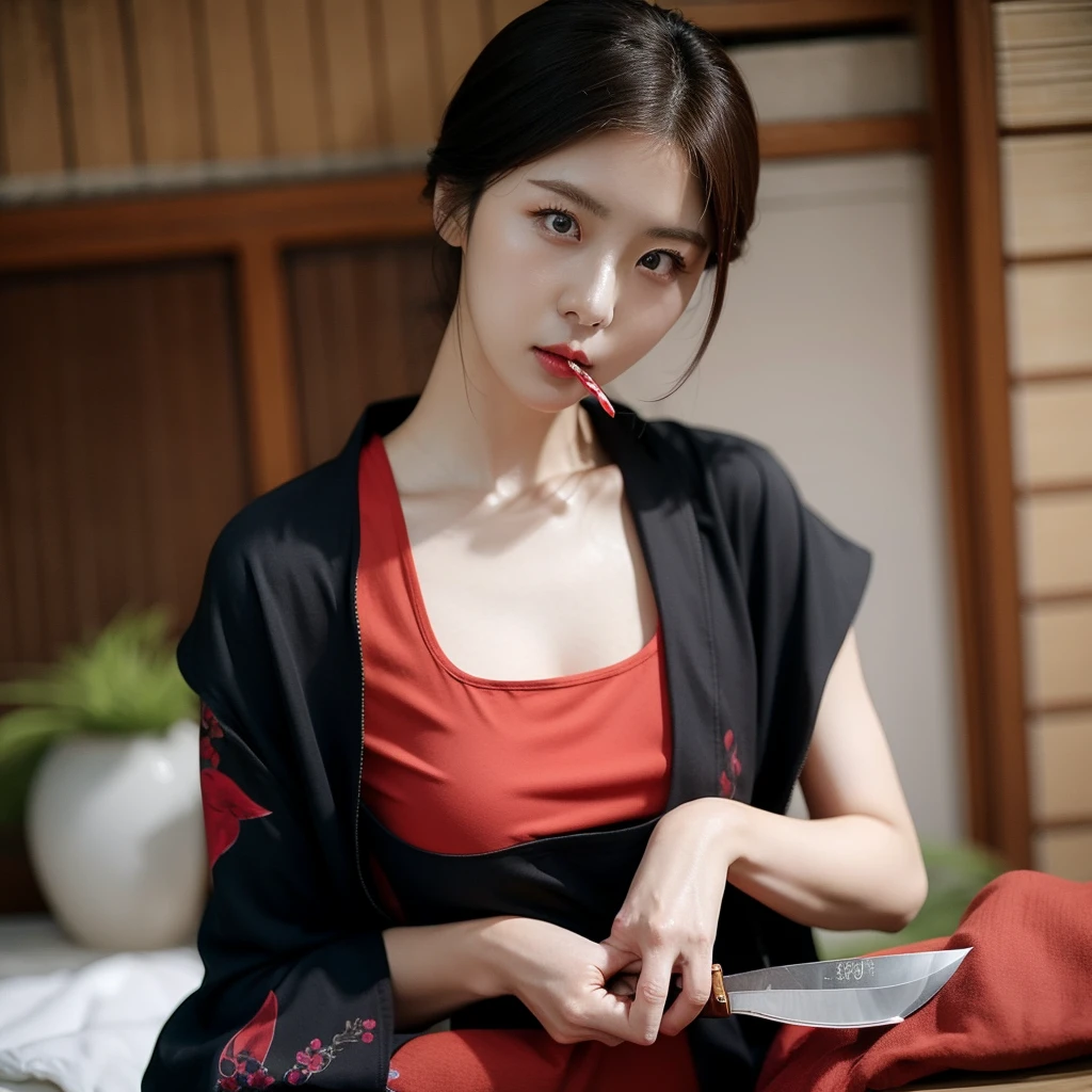 A very beautiful oriental woman with bitter eyes, ,  wearing a black Japanese kimono over a red tank top, and holding a knife in her mouth.  