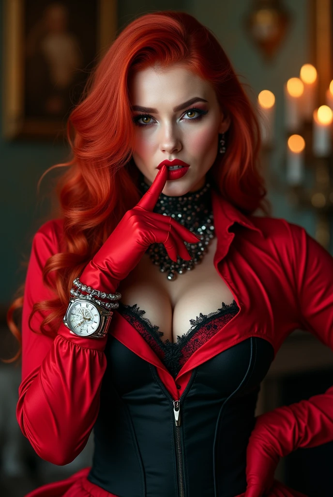ultra realistic, photography, long red hair, girl, 24 years old, hourglass figure, perfect body, natural medium breasts, Flirty look, extremely detailed artgerm, in the style artgerm, facing the camera, lens 35 mm, blur background, masterpiece, super detailed, detailed face, beautiful eyes, detailed eyeshadow, lip details, red lipstick, full body, wavy hair, Wearing a black sheath dress, turtleneck, revealing legs, sexy legs, great cleavage, she is wearing black elegant high heels, she is a femme fatale, sitting on a chair, her legs crossed, she is holding one (1) cigarette in her hand, full body shot, wide angle, zoomed out,
