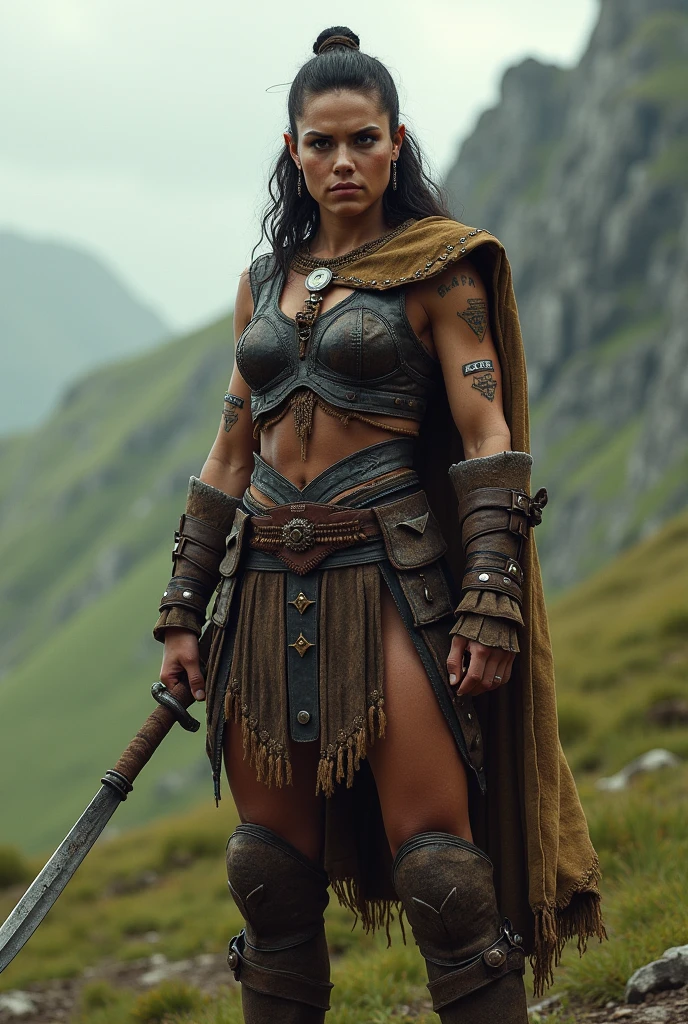screengrab of muscular female viking-barbarian from DnD, healing her injuries after a hard fought battle, directed by Paul verhoeven,