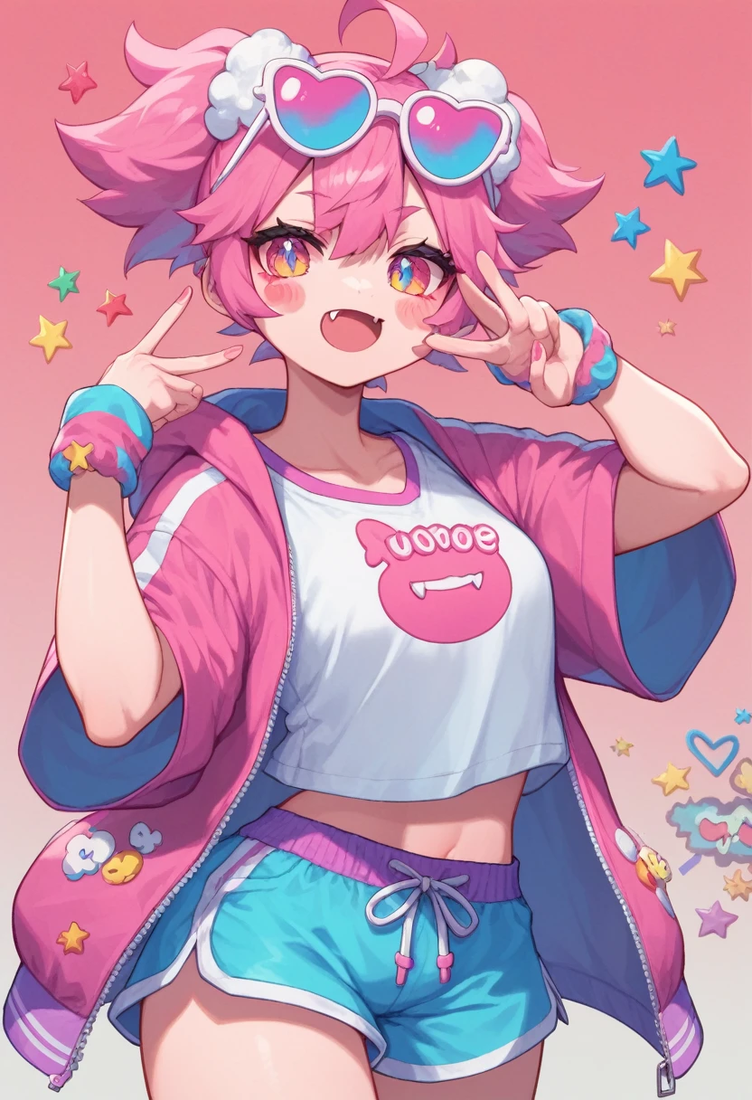 Score_9,score_8_up,score_7_up, muse_style, 1girl, solo,  mesugaki,:3,bunches,curvy,looking at viewer,blush stickers,colored sclera,pink hair,fang out,sports sunglasses,loose clothes,shorts,sprinkles,happiny,cartoonized,graffiti,pink theme,gradient background,