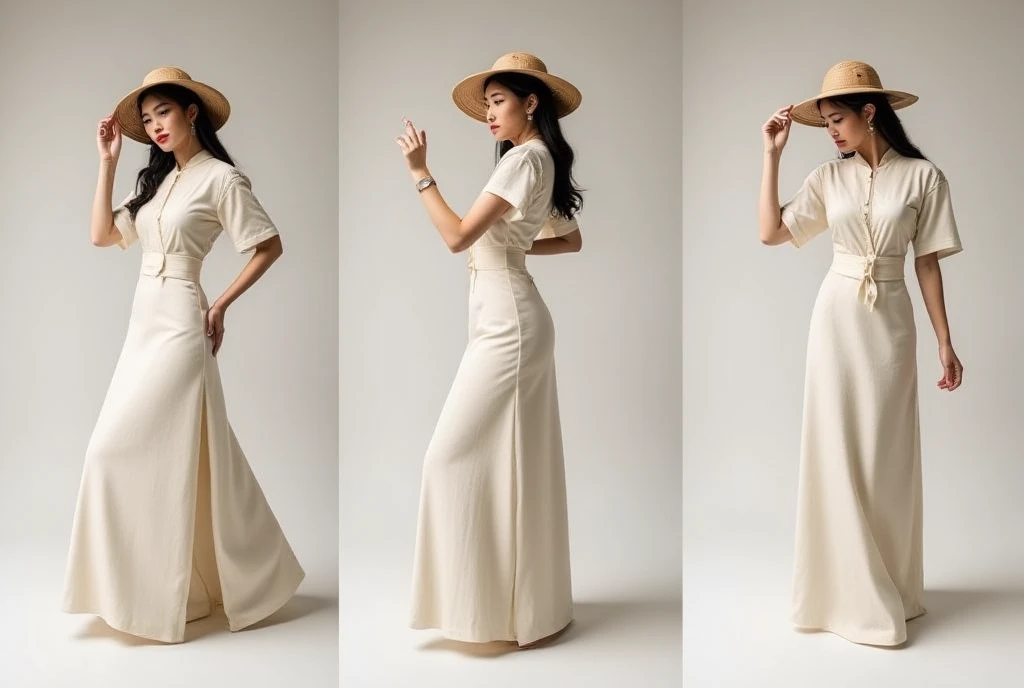 Mockup, A TOK composite photo of a ao dai posing at different angles, Lisamy in Vietnamese ao dai and Vietnamese hat, perfect body, perfect face