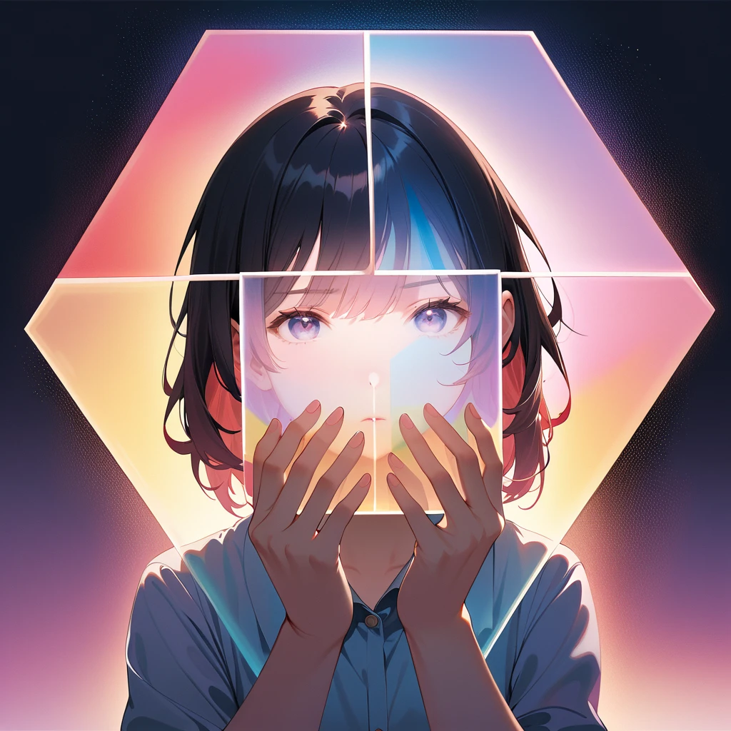 Girl holding a translucent square board in front of her face ,Hold with both hands