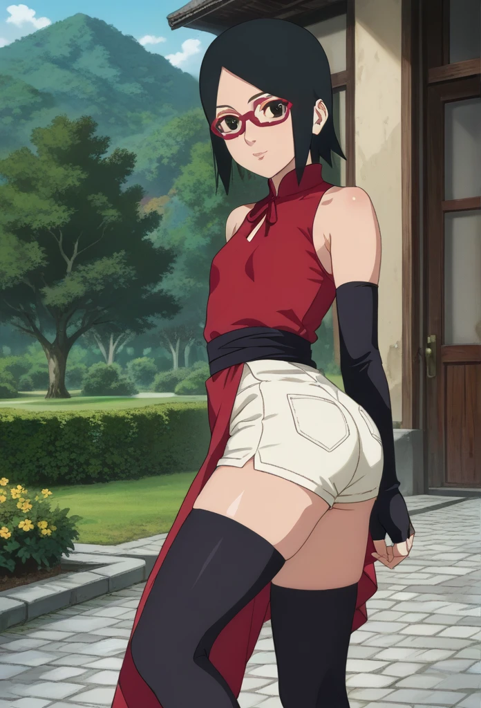 Official_art, anime screencap, perfect body, beautiful body, beautiful legs, perfect face, perfect eyes, Sarada Uchiha, solo, 1girl, black hair, short hair, red-framed eyewear, glasses, black eyes,red dress, sleeveless, elbow gloves, black gloves, fingerless gloves, white shorts, black thighhighs, thigh holster, large round butt, bubble butt ,konohagakure village pathway, flat chest, sexy legs, standing 