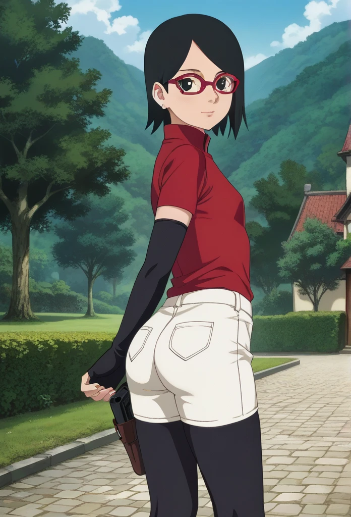 Official_art, anime screencap, perfect body, beautiful body, beautiful legs, perfect face, perfect eyes, Sarada Uchiha, solo, 1girl, black hair, short hair, red-framed eyewear, glasses, black eyes,red dress, sleeveless, elbow gloves, black gloves, fingerless gloves, white shorts, black thighhighs, thigh holster, large round butt, bubble butt ,konohagakure village pathway, flat chest, sexy legs, standing 