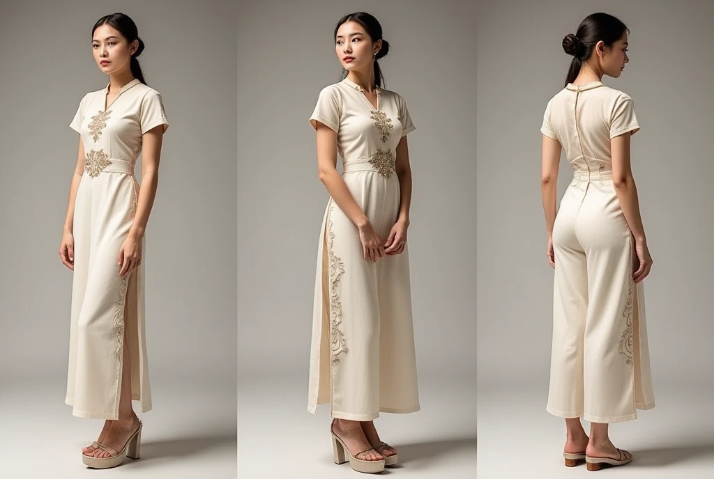 Mockup, A TOK composite photo of a ao dai posing at different angles, a Vietnamese ao dai and Vietnamese hat, perfect body, perfect face