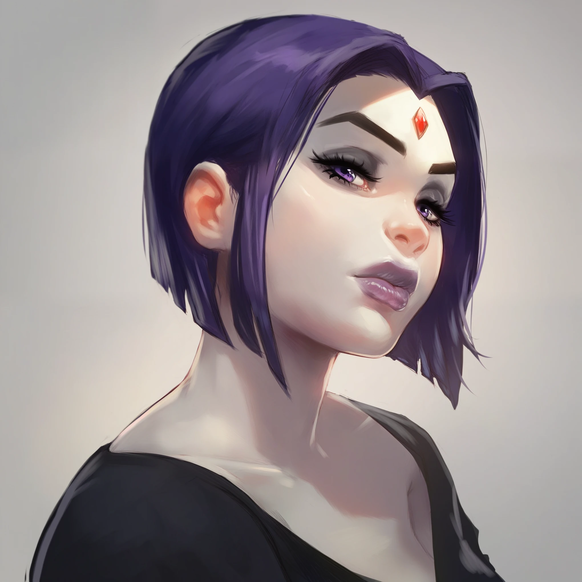 score_9_up, score_8_up, score_7_up,score_6_up, score_5_up, score_4_up, rating_questionable, raven from titans, full lips, grey skin, makeup, closed mouth, thick thighs, bob hair, purple eyes