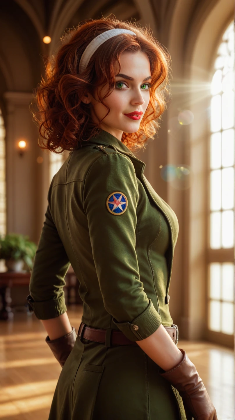 a medium closeup movie still of deniselastnamesd15, a 1940s British army woman in uniform with her hand on her hip, looking angry