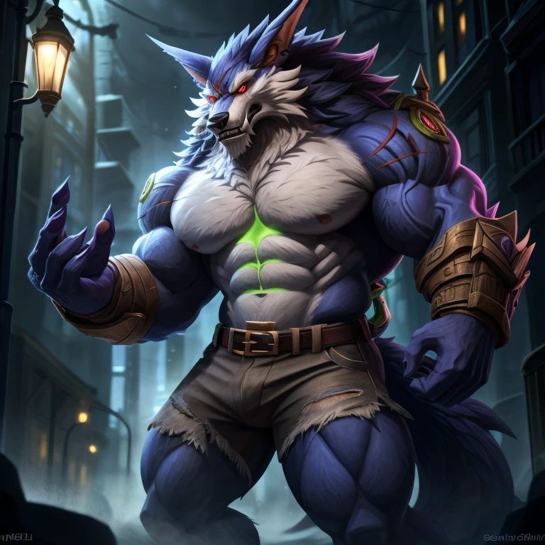 Alone, 1 lobo, Male wolf tail , 5 fingers,  FULL BODY SHOWING , (warwick lol), Muscular,  detailed muscles ,  defined muscles, 2,33 tall ,  200 kg in weight ,  ripped brown denim shorts,  red eyes , white pupil, detailed teeth, confident pose,  looking at the viewer , spectator wearing a ripped , 88 tall ,  background City of Arcane at night, take the key,  a bit of mysterious fog , 4K,  good resolution , perfect anatomy,  great quality , masterpiece,  good lighting , front focus