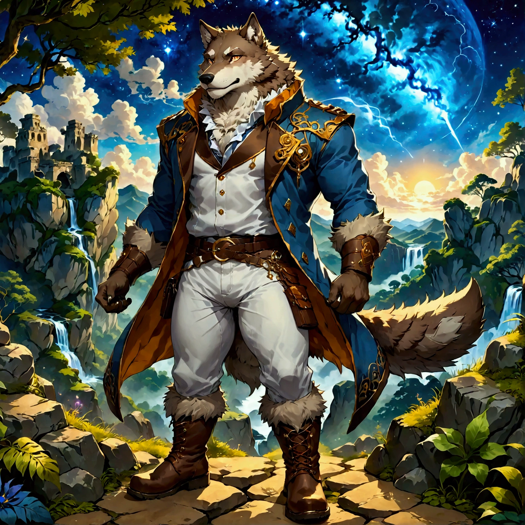 character focus, full body, looking away, dynamic angle, summoner, a middle-aged wolf man, magical costume clothes, jacket, shirt, pants, boots, setup magic whip summoning salamander, dynamic pose, BREAK full body in Michelangelo Buonarroti style, housamo style, digital illustration anime, detailed painting landscape, starry sky, jungle ruins, outdoor, full color, HDR, BREAK complete anatomy, perfect proportions, beautiful thigh gap, fluffy body, intricate fur details, beautiful fur texture, BREAK a detailed wolf 1tail, detailed boots, detailed foot, detailed hands, 5fingers, 5fingers nails, BREAK aesthetic anime face, insanity detailed face, male face, big face, square jawline, aesthetic anime eyes, detailed brown eyes, detailed brown cornea, detailed dark brown irises, detailed pupils, male eyes, big eyes, male eyebrows, innocent look, beautiful beard, BREAK masterpiece, official art, best quality, very aesthetic, absurdres, super fine illustration, great quality, BREAK noise reduction, very highres, large filesize, high quality, 32K, 8k wallpaper, dynamic lighting, BREAK insanity detailed, ultra detailed, intricate details, extremely detailed, detailed texture, an extremely delicate and beautiful, BREAK e621 illustration, osukemo, kemohomo, anthropomorphic, furry, cartoon, harmonious, pastoral face, virtuous eyes, epic atmosphere