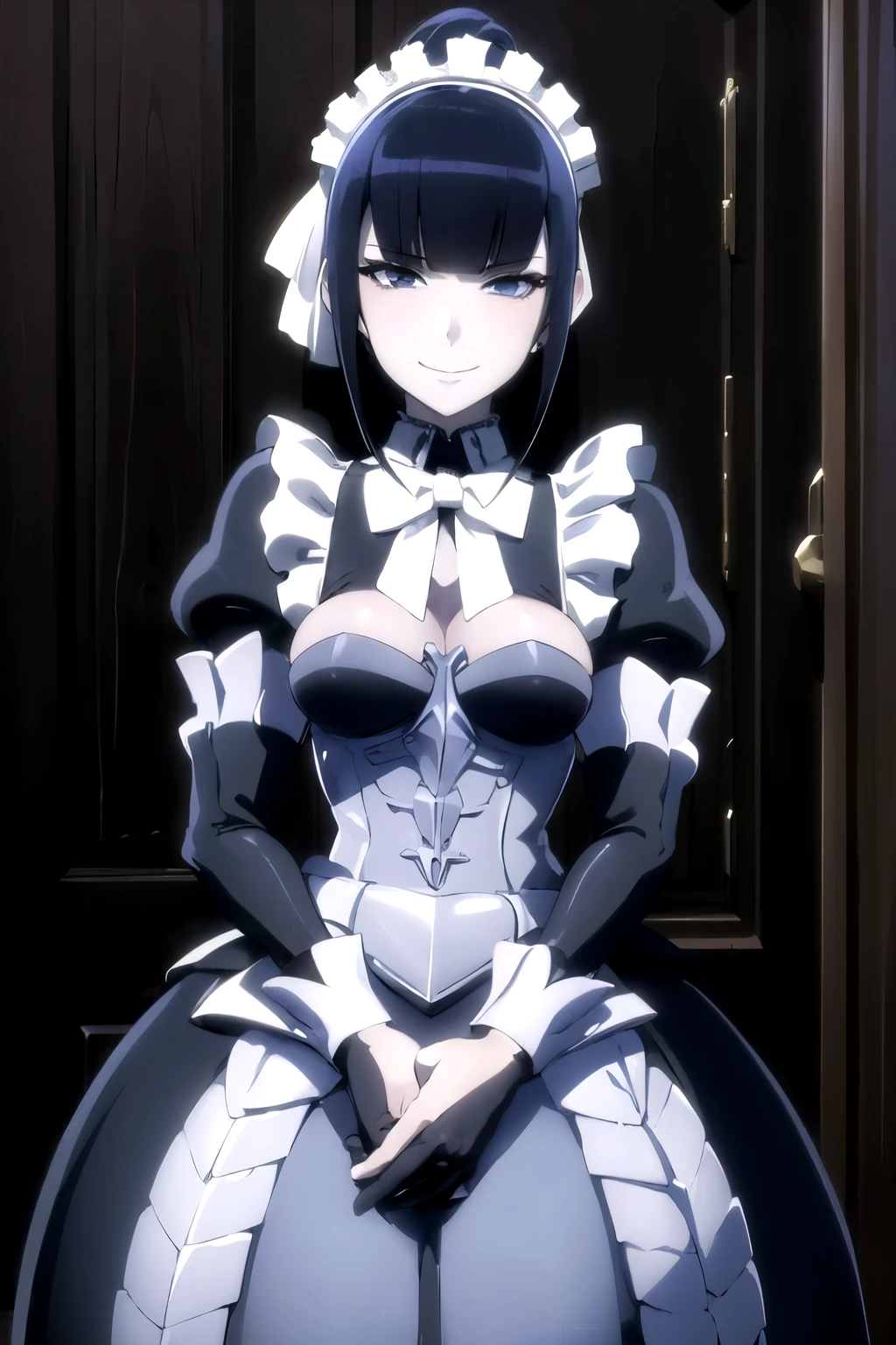 (((Perfect picture))), (absurdres), 1 , Alone, gama narberal,  maid ,  wearing short black dress , garter belt,  maid  headdress,  looking at the viewer , sinister smile