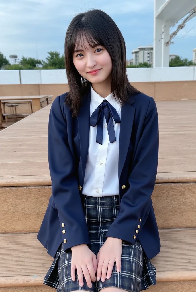 1 person,  twin tails,Thighs,A simple dark blue satin blazer,satin white blouse, bow tie , pleated skirt,School, (The skirt and tie are dark blue tartan.:1.3),(The check pattern on the skirt is a little light:1.2),(Wearing loafers without socks:1.4) ,開脚したThighsにクローズアップ,Look Away,
